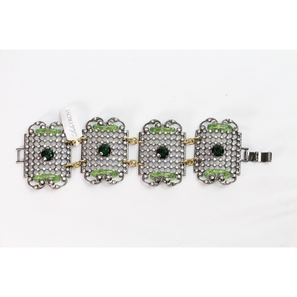Lulu Frost J Crew Art Deco Crystal Bracelet Green Emerald Gunmetal Statement